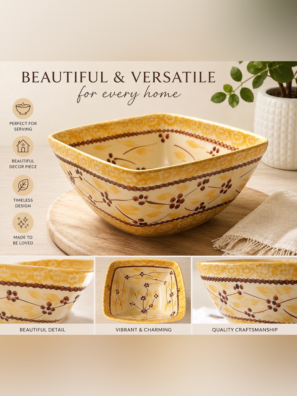Yellow and Brown Patterned Ceramic Bowl temp-tations smaller size bowl